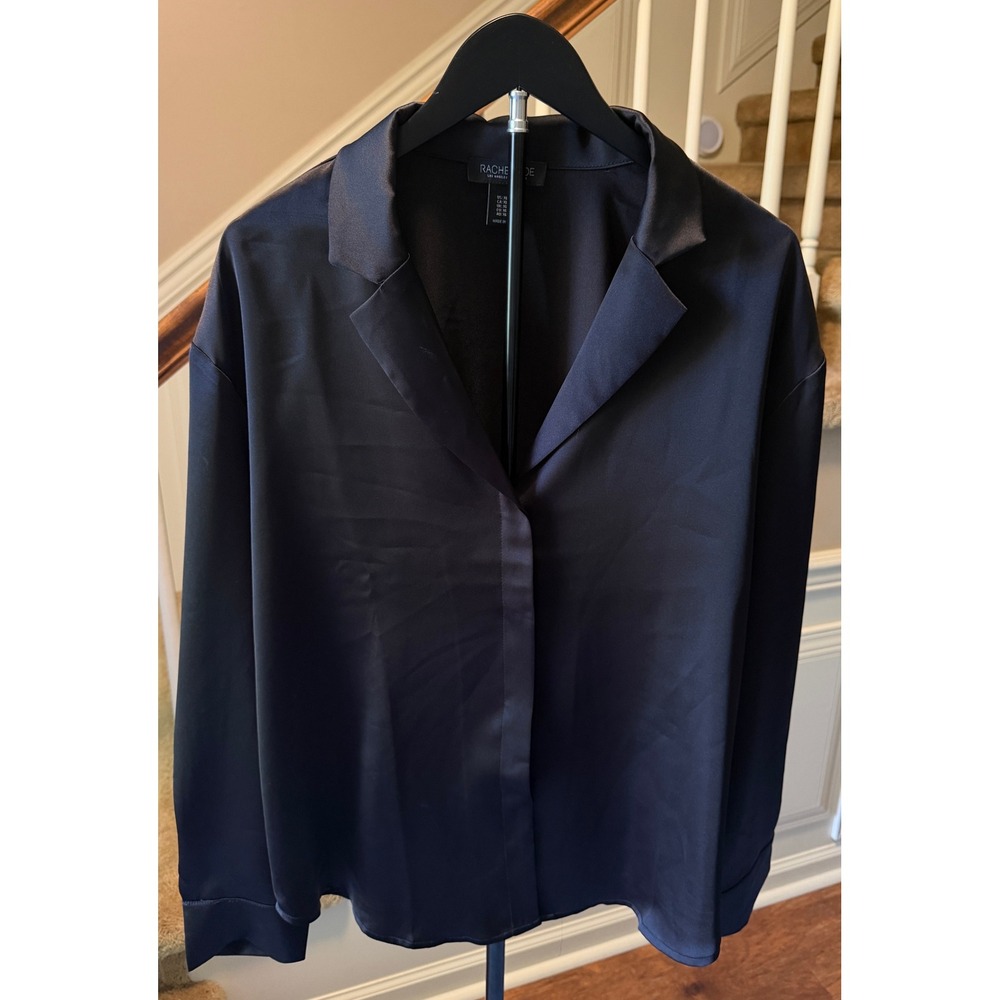 Rachel Zoe Black Satin Button Down Blouse Notched Lapel Long Sleeve Top XL